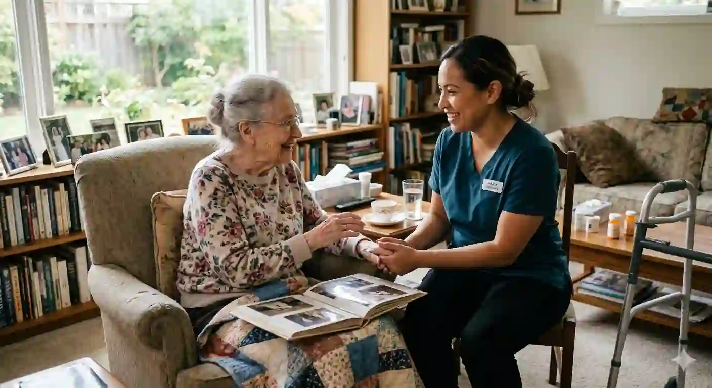 A caregiver is providing in-home care for an elderly